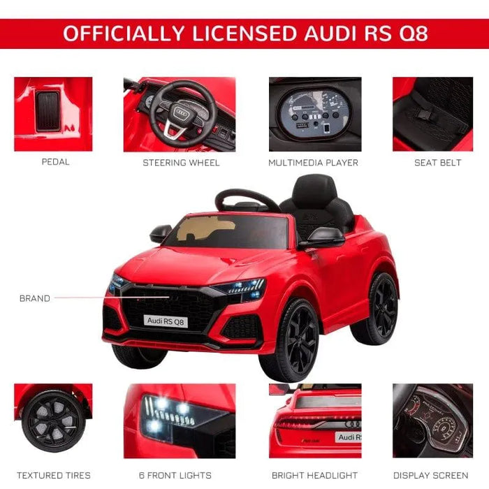 Red Audi RS Q8 kids ride-on car with steering wheel, pedal, lights, multimedia player, and seat belt