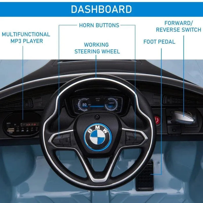 BMW i8 kids electric ride-on car dashboard with labeled steering wheel, MP3 player, and controls