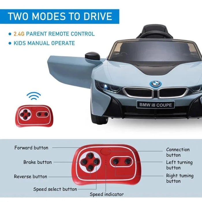 Blue BMW i8 Coupe kids electric ride-on car with two opening doors and remote control guide.