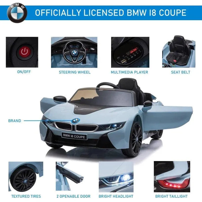 Blue BMW i8 Coupe kids ride-on car with open doors, steering wheel, headlights, taillights