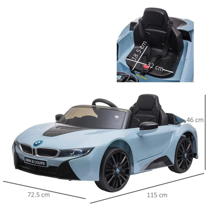 Blue BMW i8 Coupe kids electric ride-on car with seat dimensions and measurement lines