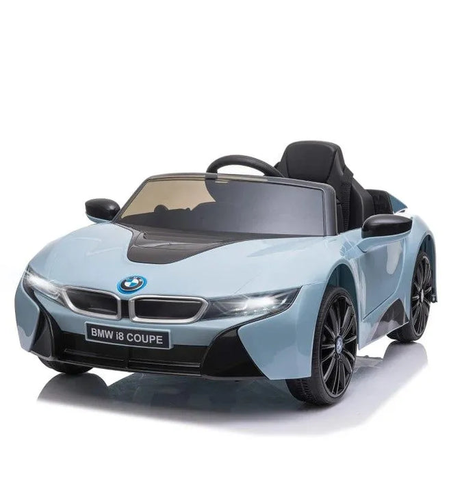 Blue BMW i8 Coupe kids electric ride-on car with open doors on a white background