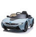 Blue BMW i8 Coupe kids electric ride-on car with open doors on a white background