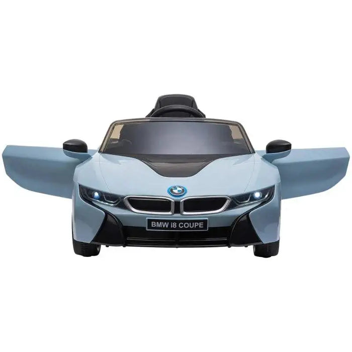 Blue BMW i8 Coupe kids electric ride-on car with two open doors, front view