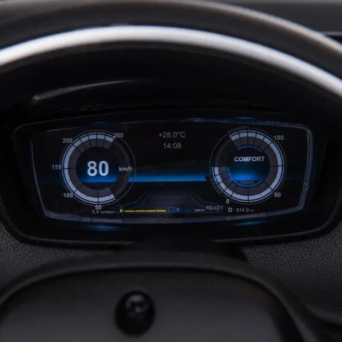 Close-up of BMW i8 Coupe kids ride-on car digital dashboard displaying 80 km/h speed