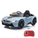 Blue BMW i8 Coupe kids electric ride-on car with remote control and black wheels