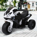 Black and white BMW kids electric motorbike with realistic lights on paved outdoor area