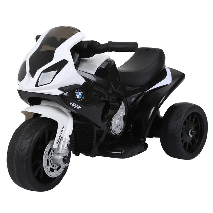 Black and white BMW kids electric motorbike toy with realistic detailing and three wheels