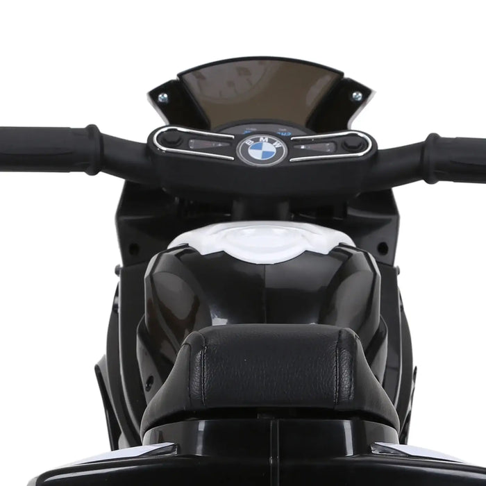 Black BMW kids electric motorbike with handlebars, seat, and realistic dashboard details