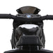 Black BMW kids electric motorbike with handlebars, seat, and realistic dashboard details