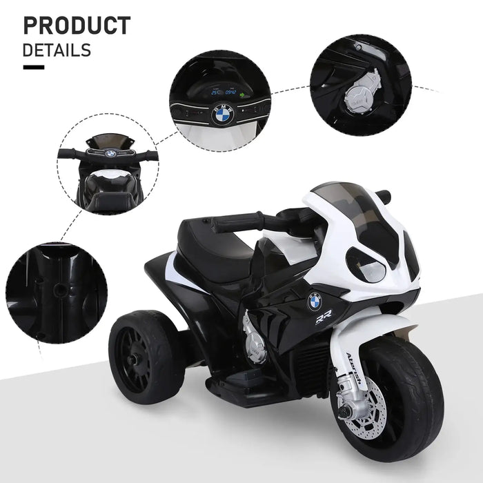 Black and white 6V BMW kids electric motorbike with realistic lights and dashboard details