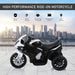 Black BMW kids electric motorbike with realistic lights, city skyline background, ride-on toy