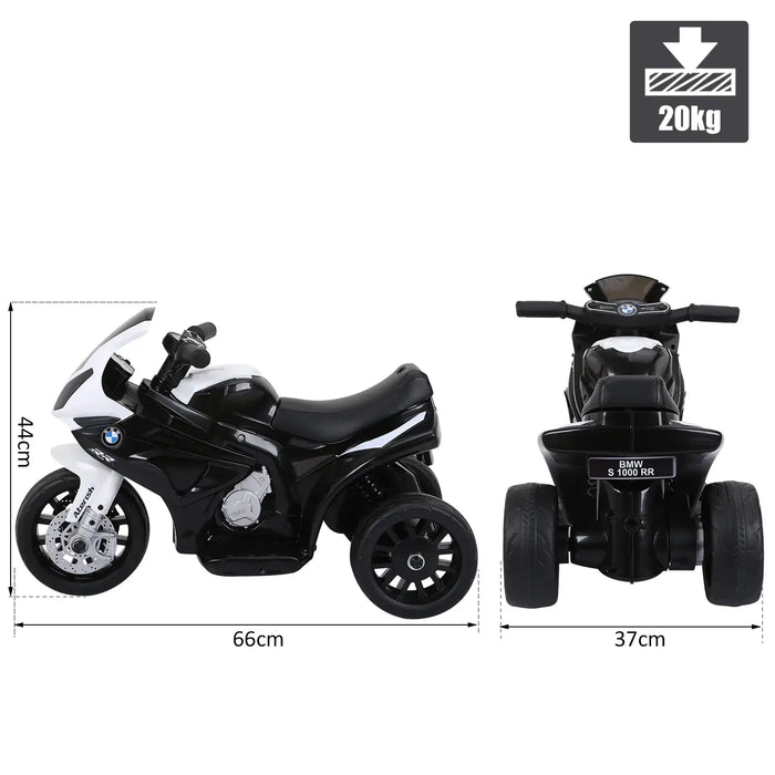 Black and white BMW kids electric motorbike toy with three wheels, 66cm long, 44cm tall.