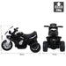 Black and white BMW kids electric motorbike toy with three wheels, 66cm long, 44cm tall.