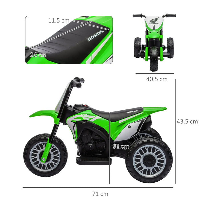 Green Honda CRF450RL kids electric ride-on motorbike with measurements, side and front view