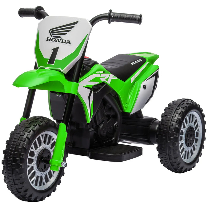 Green kids' electric ride-on Honda CRF450RL motorbike with three wheels and engine details