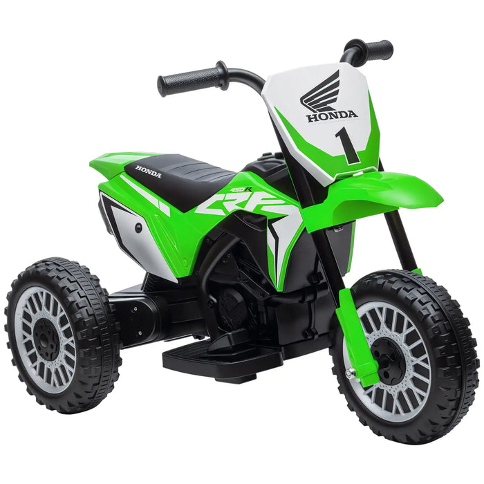 Green Honda CRF450RL kids electric ride-on motorbike with number 1 plate and training wheels