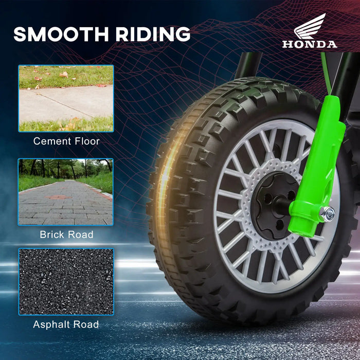 Honda CRF450RL kids electric ride-on motorbike green wheel, smooth riding on cement, brick, asphalt roads