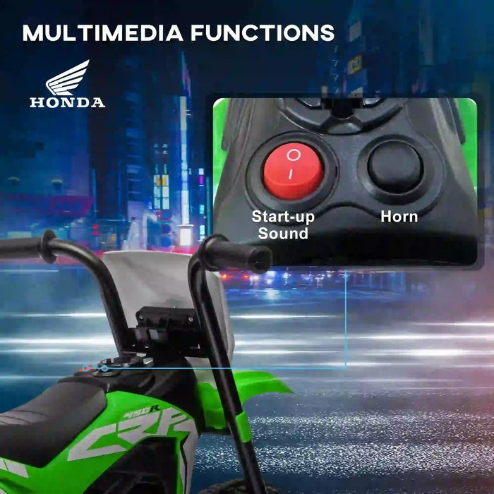 Green kids’ Honda CRF450RL electric ride-on motorbike with multimedia buttons for sound and horn
