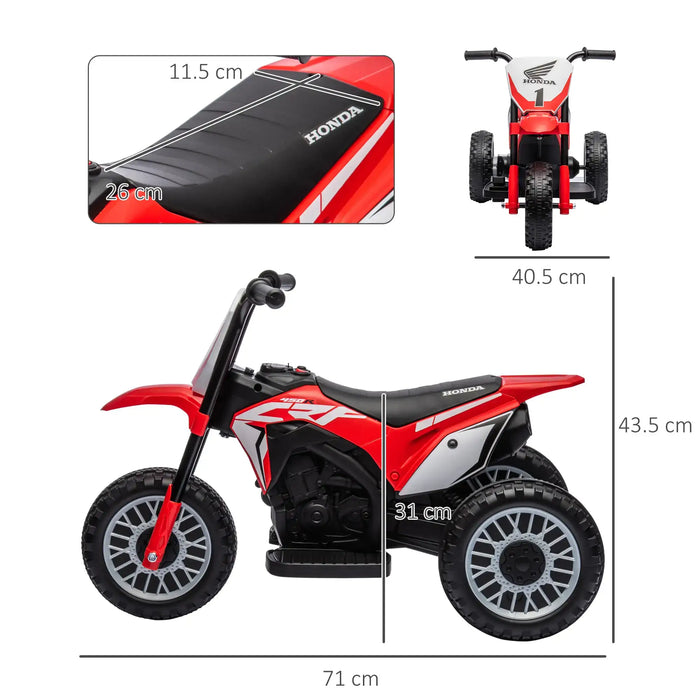 Red kids' electric Honda CRF450RL ride-on motorbike with engine sounds, size dimensions shown