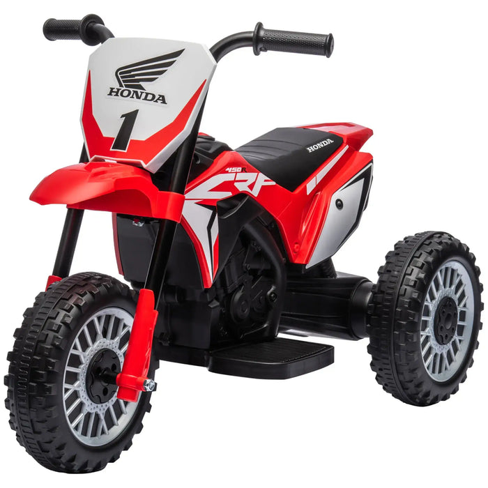 Red Honda CRF450RL kids electric ride-on motorbike with three wheels and engine graphics