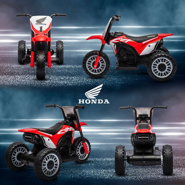Red Honda CRF450RL kids electric ride-on motorbike, four angles, on dark background