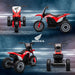 Red Honda CRF450RL kids electric ride-on motorbike, four angles, on dark background