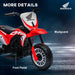 Red Honda CRF450RL kids electric ride-on motorbike with labeled mudguard and foot pedal