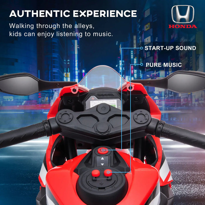 Red Honda kids electric ride-on motorbike dashboard with music and sound buttons at night city.