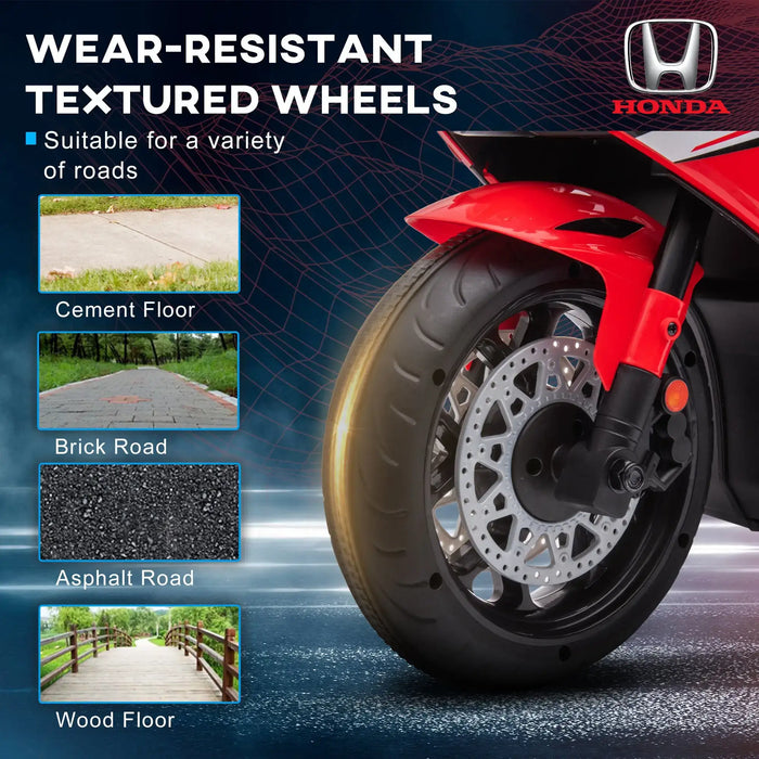Red Honda kids electric motorbike front wheel, wear-resistant textured tire, cement, brick, asphalt, wood floor examples