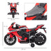 Red Honda kids electric ride-on motorbike with support wheels, detailed size dimensions shown.