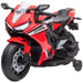Red Honda CBR kids electric ride-on motorbike with lights, training wheels, and decals