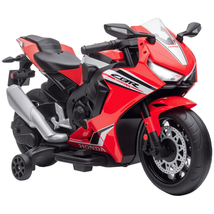 Red Honda kids electric ride-on motorbike with training wheels and realistic detailing