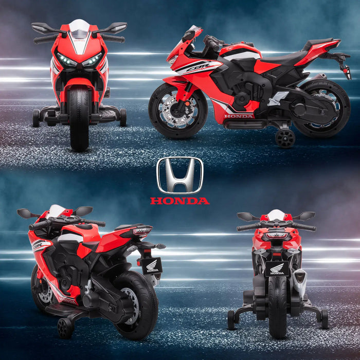 Red 6V Honda kids electric ride-on motorbike with lights, sounds, and stabilizer wheels