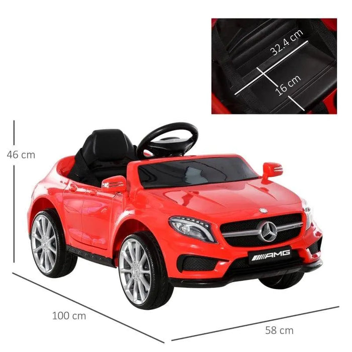 Red Mercedes GLA AMG kids electric ride-on car with dimensions, black seat, and steering wheel