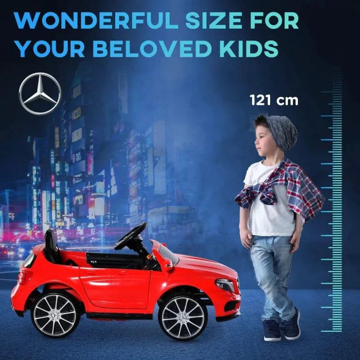 Red Mercedes GLA AMG kids electric ride on car next to child with 121 cm height marker
