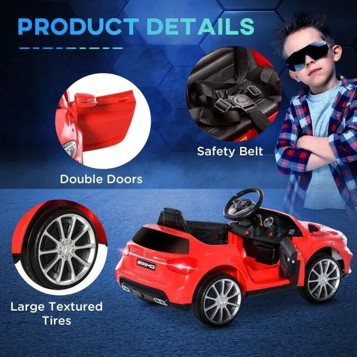 Red Mercedes GLA AMG kids electric ride-on car with double doors, safety belt, and large textured tires.
