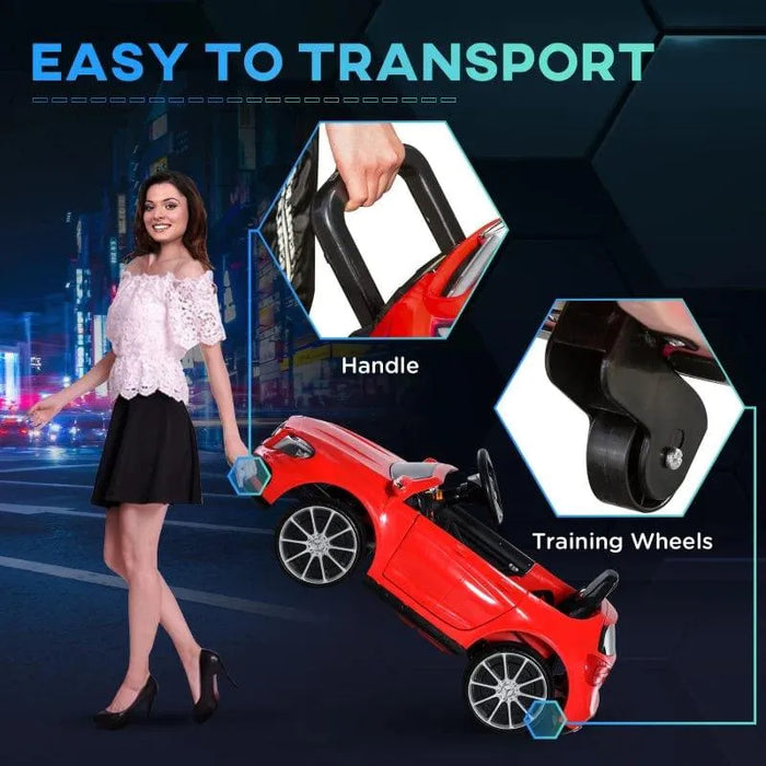 Woman transporting red Mercedes GLA AMG kids electric ride-on car with handle and wheels