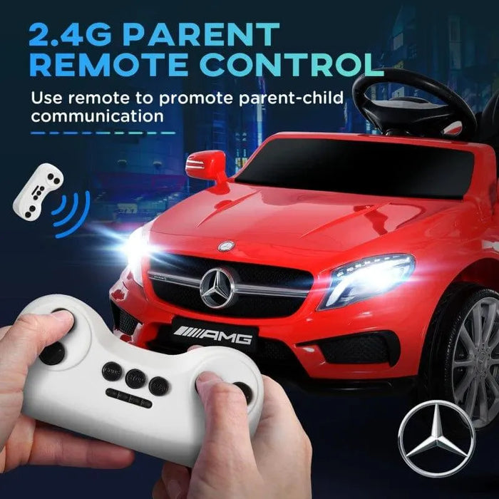 Red Mercedes GLA AMG kids electric ride-on car with remote control and headlights on