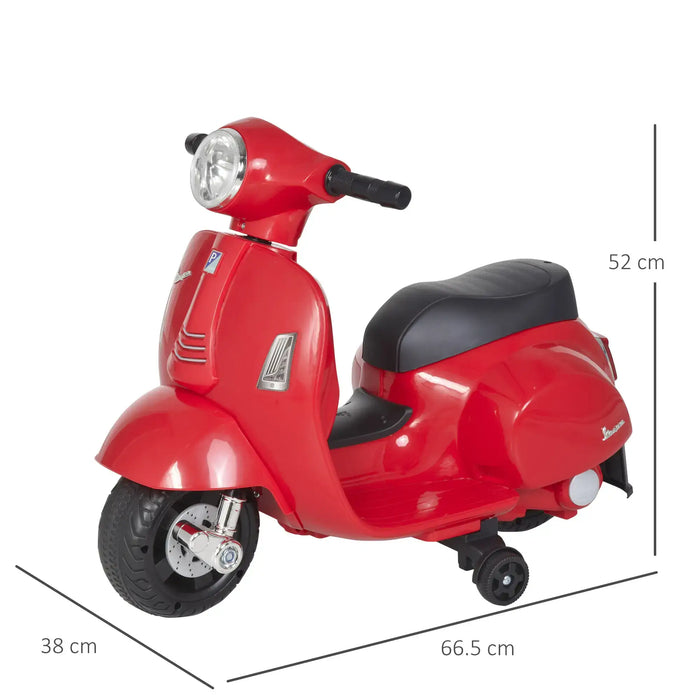 Red Vespa kids electric ride on motorbike with stabilisers, dimensions visible