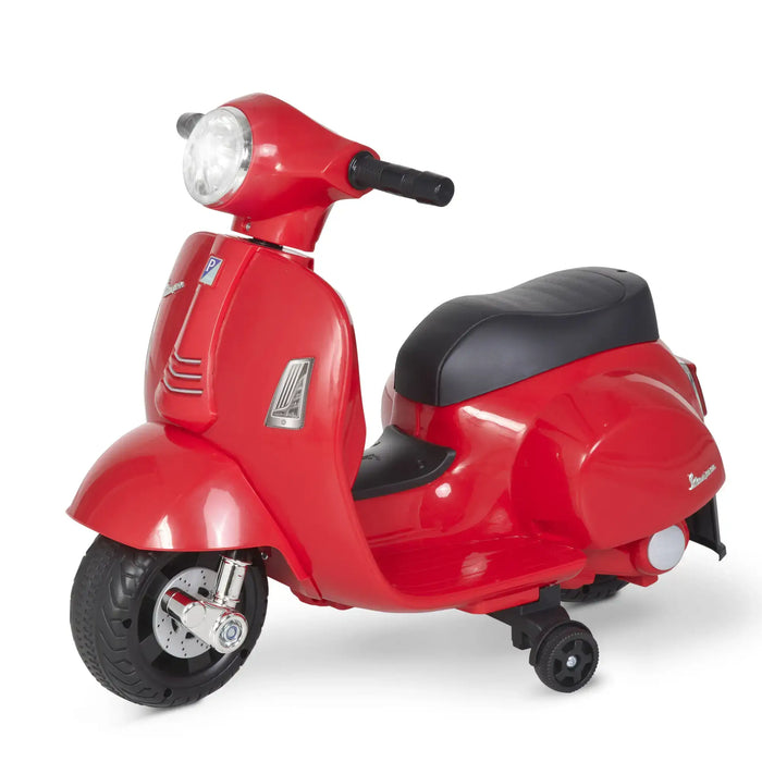 Red Vespa kids electric ride-on motorbike with stabilisers, black seat, white background