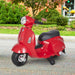 Red Vespa kids electric ride-on motorbike with stabilisers on outdoor pavement