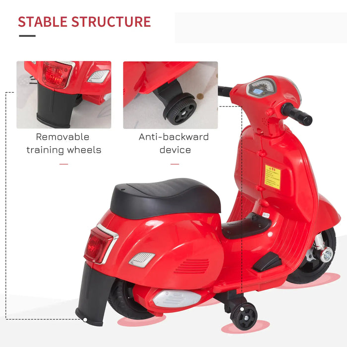 Red kids Vespa electric ride-on motorbike with removable training wheels and safety features