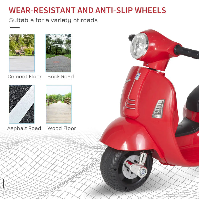 Red kids Vespa electric ride-on motorbike with wear-resistant, anti-slip wheels for multiple road types.