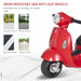 Red kids Vespa electric ride-on motorbike with wear-resistant, anti-slip wheels for multiple road types.