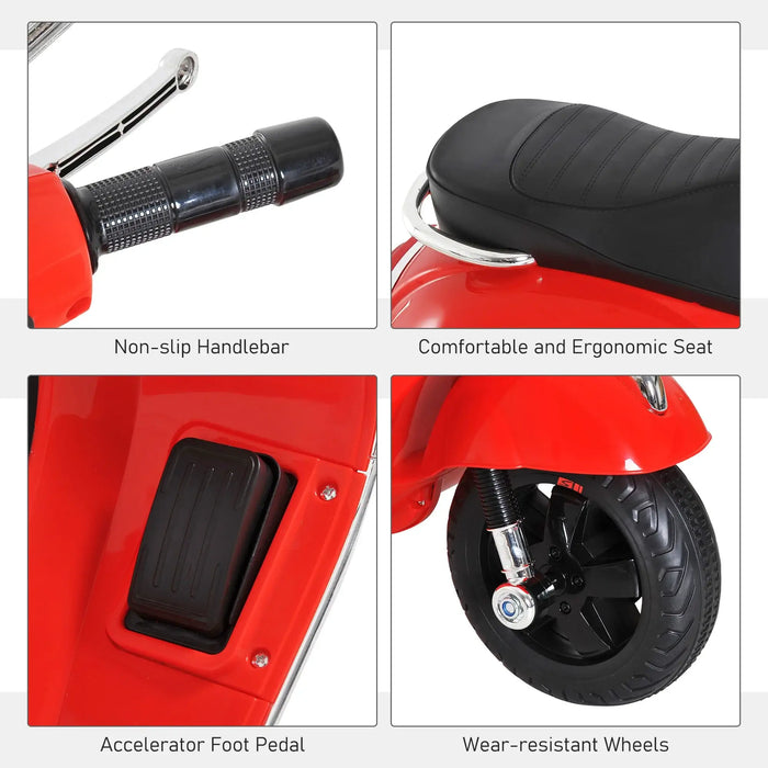 Red kids electric Vespa motorcycle with non-slip handlebar, ergonomic seat, foot pedal, durable wheels