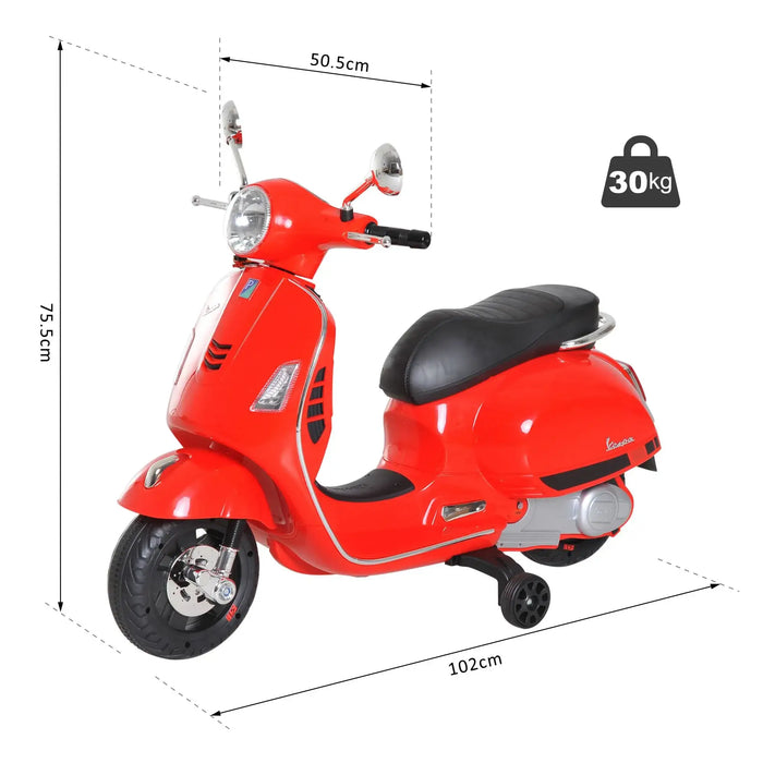 Red kids Vespa electric ride-on motorcycle with training wheels, size and weight labels