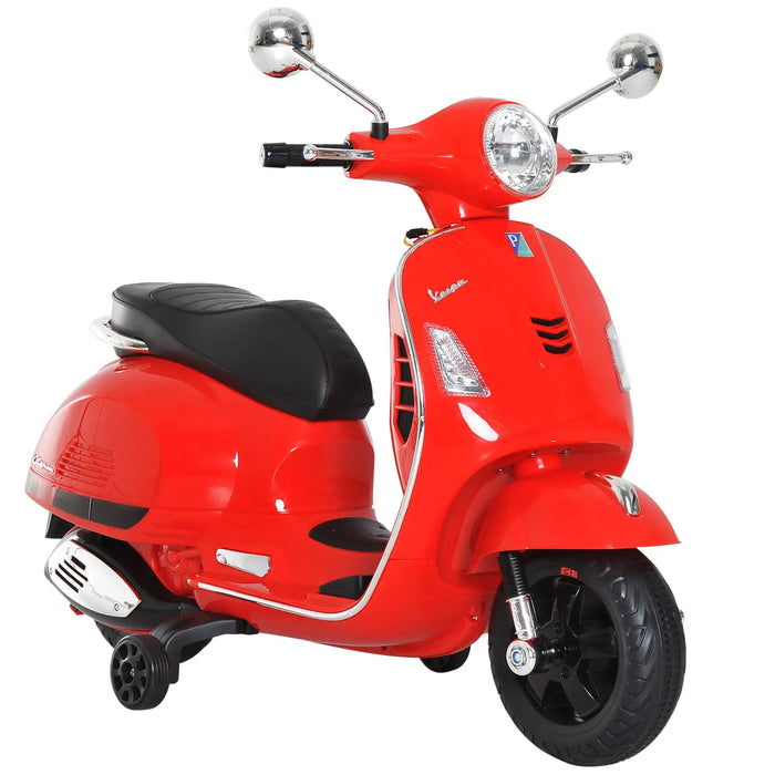 Red Vespa kids electric ride-on motorcycle with LED lights and training wheels