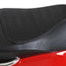 Close-up of black seat on red Vespa kids electric ride-on motorcycle