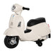 White kids electric Vespa ride-on motorcycle with training wheels, black seat